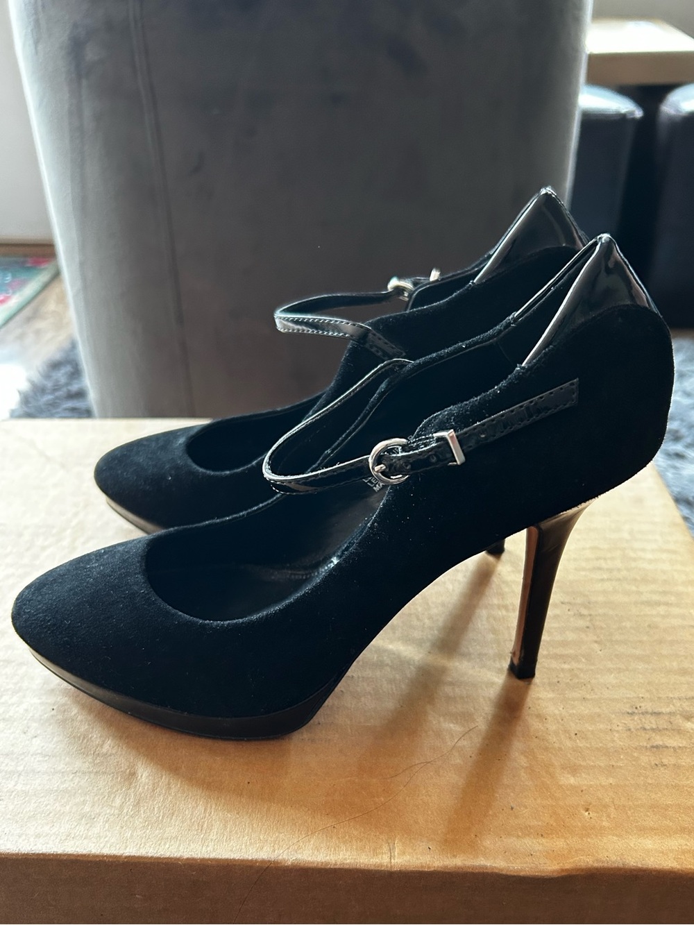 White House Black Market "Juniper" Black Suede Mary Jane Heels - Size 8M